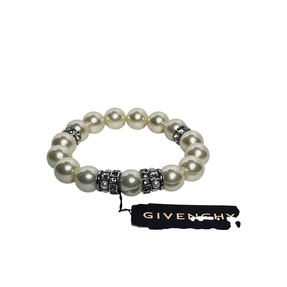 Givenchy Silver Tone, Faux Pearl And Clear Rhinestone Stretch Bracelet (6247) - Picture 5 of 5